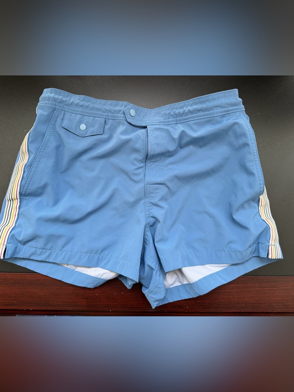 EUC American Eagle Swim Trunk Board Shorts Beach Summer Blue Pride Medium Stripe